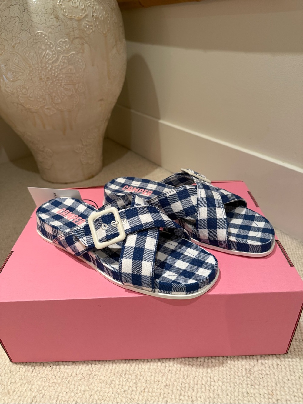 Camper Blue and White Gingham Crisscross Buckle Mules 40 fits like 9